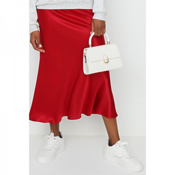 Red Satin Bias Cut Midi Skirt