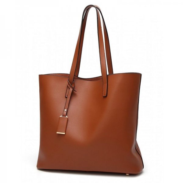 WOMEN PU LEATHER BIG SHOULDER BAG PURSE HANDBAG TOTE BAGS - BROWN