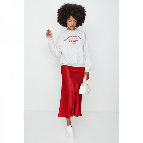 Red Satin Bias Cut Midi Skirt