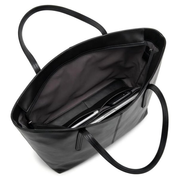 WOMEN'S LARGE LEATHER SHOULDER BAG WORK TOTE WITH ZIPPERS - BLACK