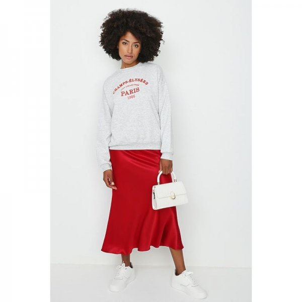Red Satin Bias Cut Midi Skirt